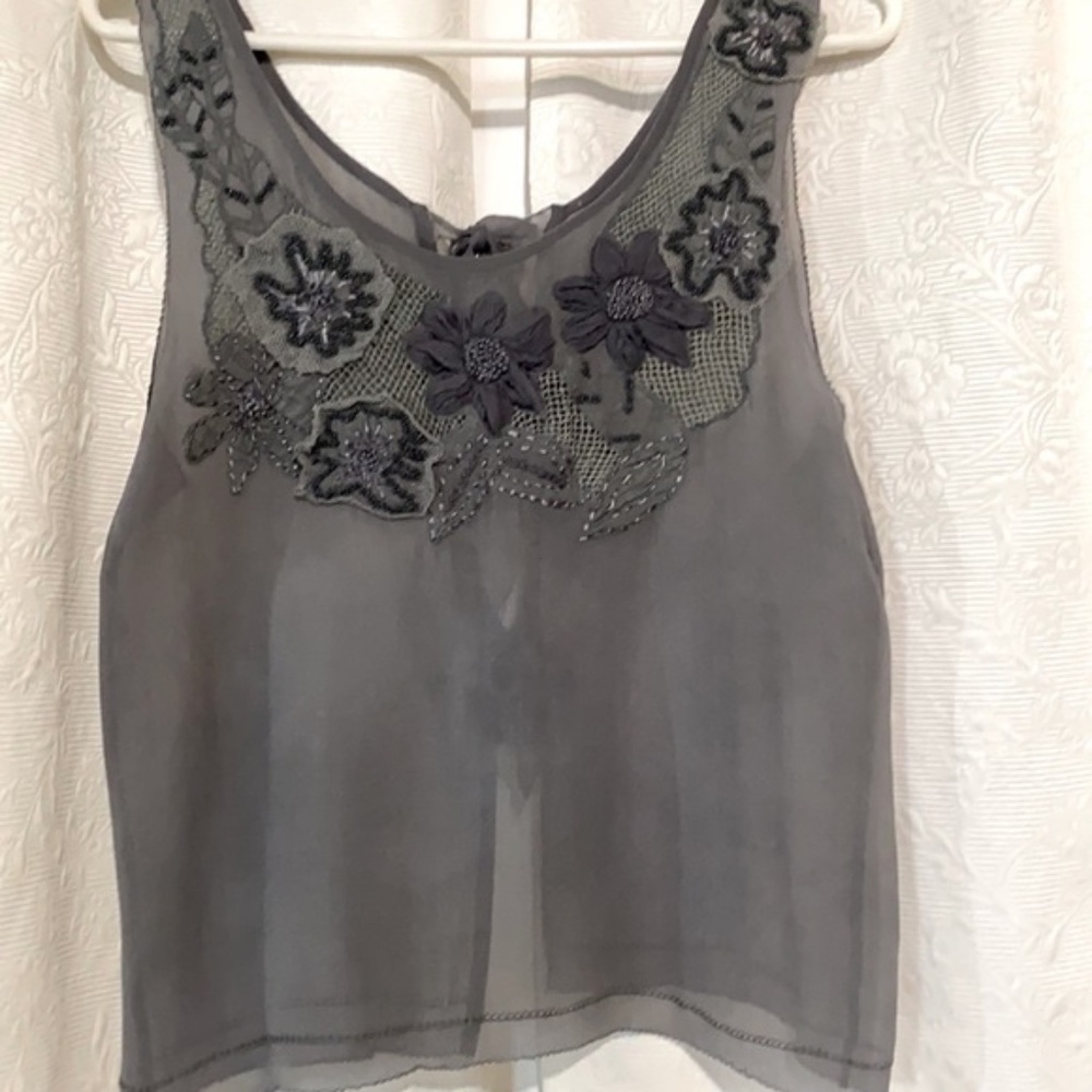 LN sheer gray silk blouse with crocheted detail